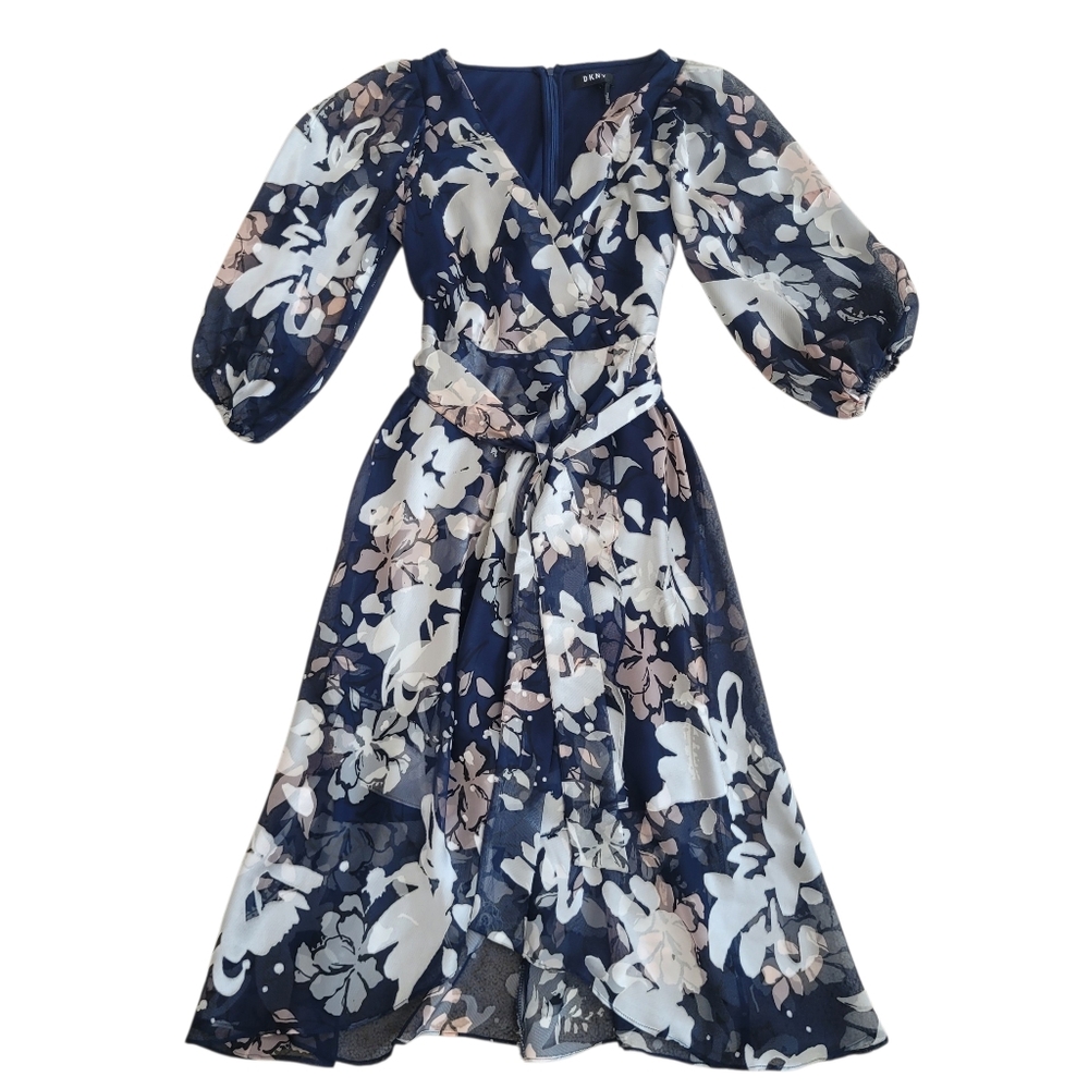 Like New DKNY Floral Sheer Layered Midi Dress Size 4 - Picture 2 of 11